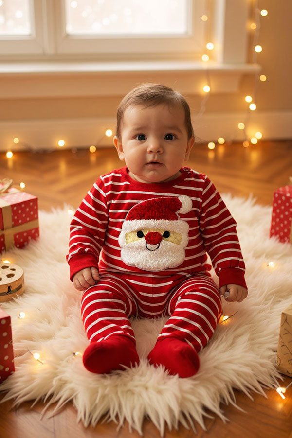 Christmas red white striped santa patch unisex baby romper w