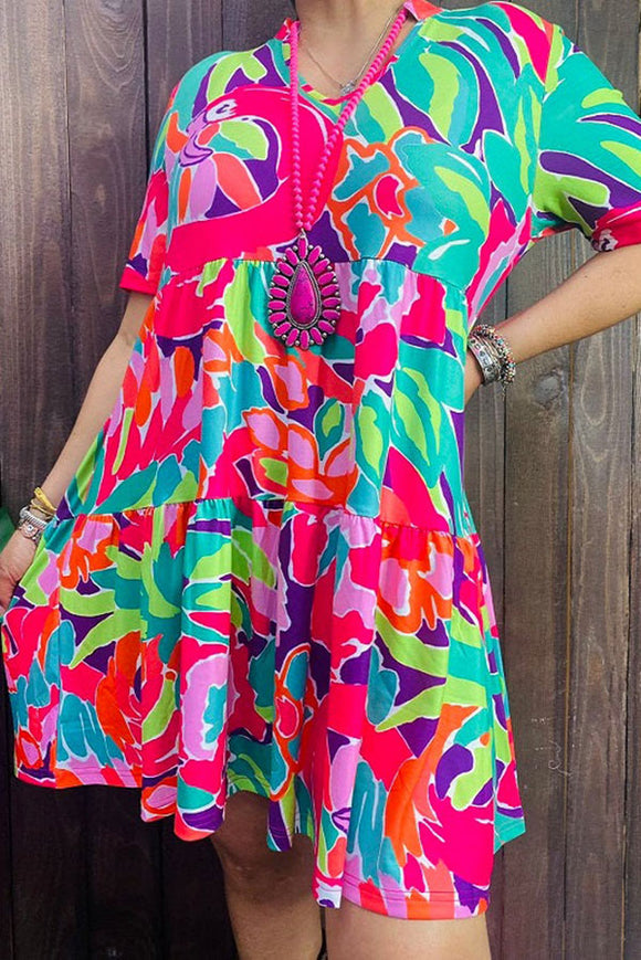 XCH14961 Floral print multi color short sleeve women dress with pockets