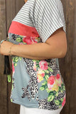 YMY10266 Leopard/rose multi color block striped short sleeve top w/criss cross neckline