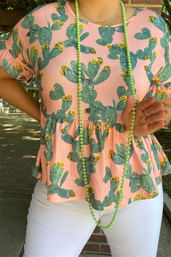 BQ13351 Cactus printed light pink fabric ruffle short sleeves & short style women top