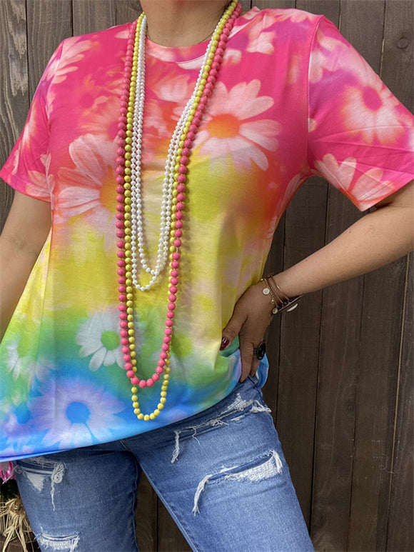 XCH13477 Tie dye yellow&blush multi color printed short sleeves women tops
