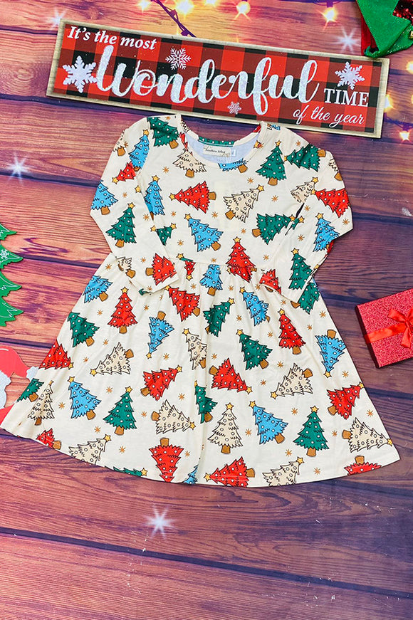 XCH0555-25H Christmas tree print long sleeve girls dress