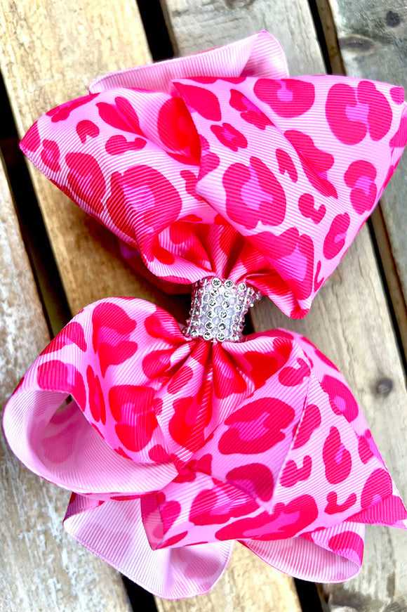 Pink leopard printed double layer hair bows 7.5