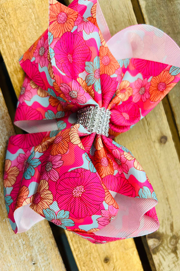 Pink floral printed double layer hair bows 7.5
