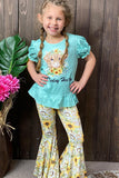 XCH0013-4H "not Today Heifer" turquoise top floral pirnted pant 2pc girls sets