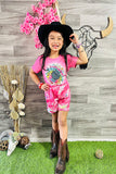 XCH0777-6H (A3S9) Multi color sunflower pink top tie dye shorts 2pc girls sets