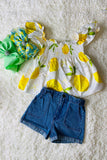 DLH2478  (A3S2) Yellow lemon printed top blue denim short summer 2pc girls sets
