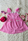 XCH0555-10H Pink checkered short sleeve girls dress with lace trim and pockets