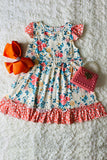 XCH0555-19H Floral printed short sleeve girls swirl dress w/ruffle trim