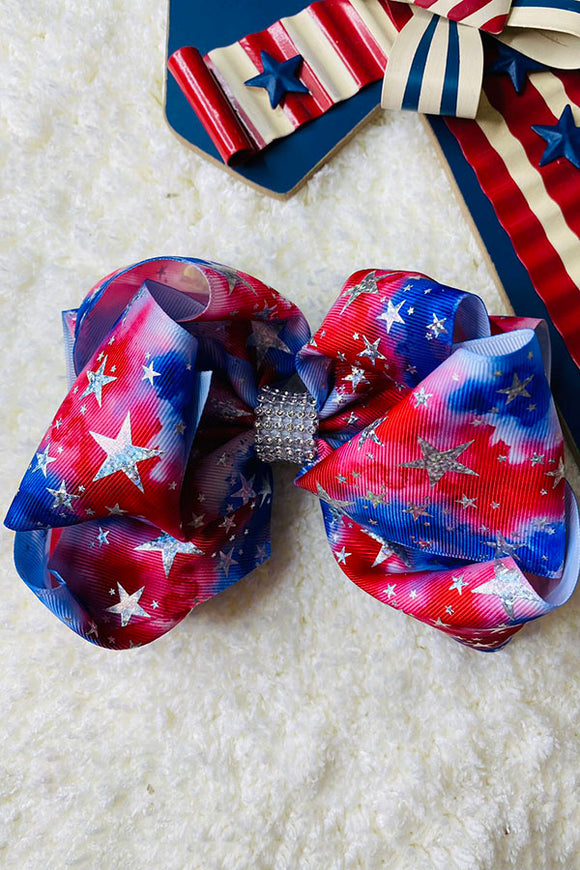 Silver glitter stars red and blue double layer hair bows 7.5