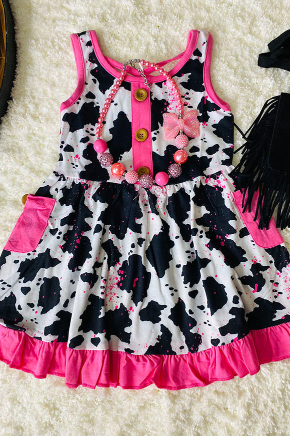 Pink cow printed girl dress w/pockets XCH0888-9H (A1S2)