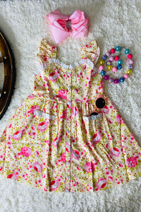 XCH0555-8H Light yellow & pink floral lace w/pockets button up dress (A2S2)