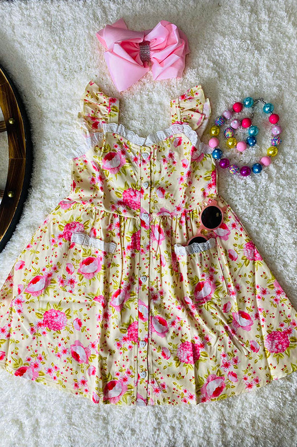 XCH0555-8H Light yellow & pink floral lace w/pockets button up dress (A2S2)