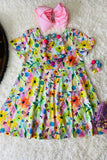 Spring multi floral printed short sleeve girl dressXCH0555-6H  (A2S3)