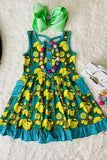 Turquoise yellow lemons printed girl dress w/pockets XCH0888-8H (A2S1)