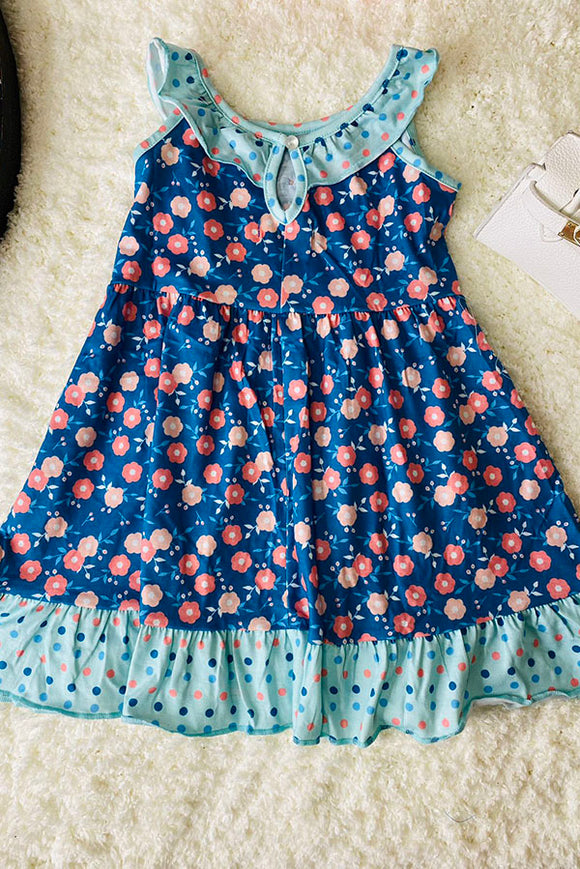 XCH0555-17H Blue flower and turquoise dot sleeveless girls dress with pocket