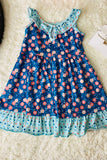 XCH0555-17H Blue flower and turquoise dot sleeveless girls dress with pocket