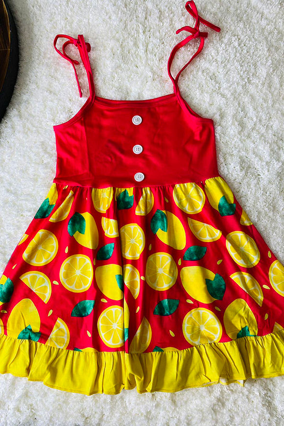 Pink & yellow lemons printed girl dress XCH0888-20H (A1S1)