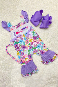 DLH2436 I LOVE MOMMY embroidery purple floral prints baby girls romper