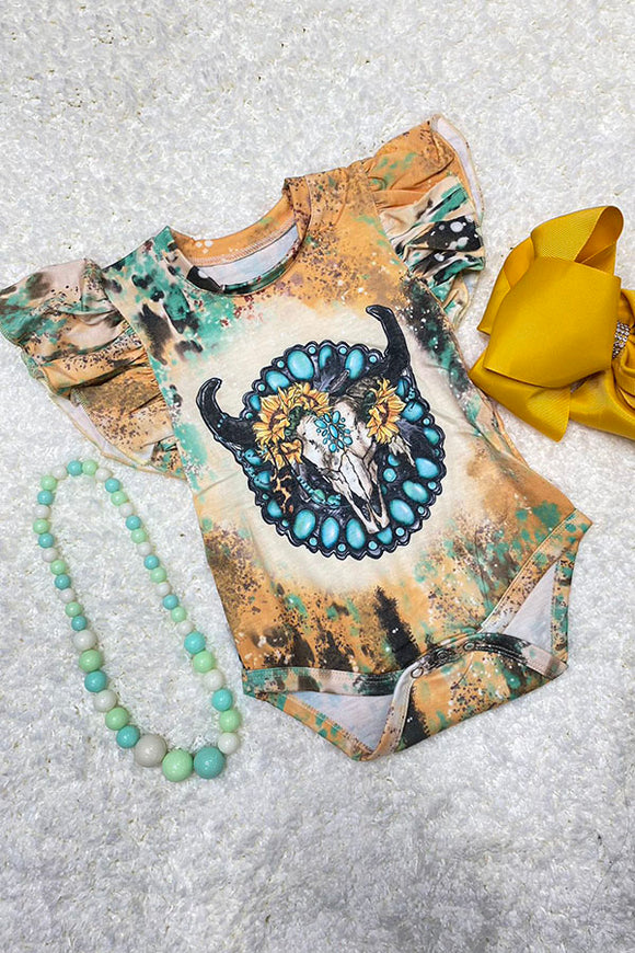 DLH1230-04 Yellow bleached bull skull w/jewels & sunflowers baby romper