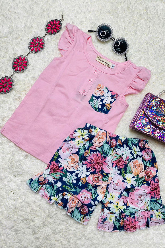 XCH0666-31H Summer pink top floral shorts two piece girls clothing sets