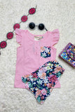 XCH0666-31H Summer pink top floral shorts two piece girls clothing sets