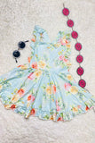DLH2364 Summer floral prints blue girls swirl dress