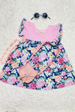 XCH0555-15H Pink & Floral prints color block summer girls dress