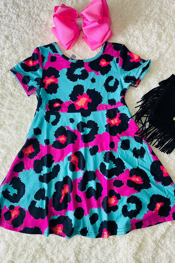XCH0020-2H Turquoise & Pink leopard prints short sleeve girls dress