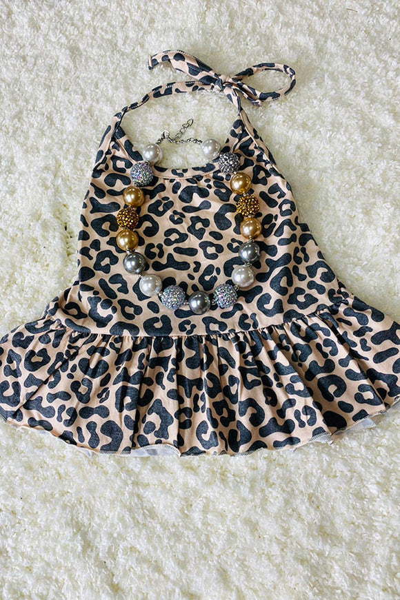 DLH2490 Kids leopard print tied sleeveless tank top with trim