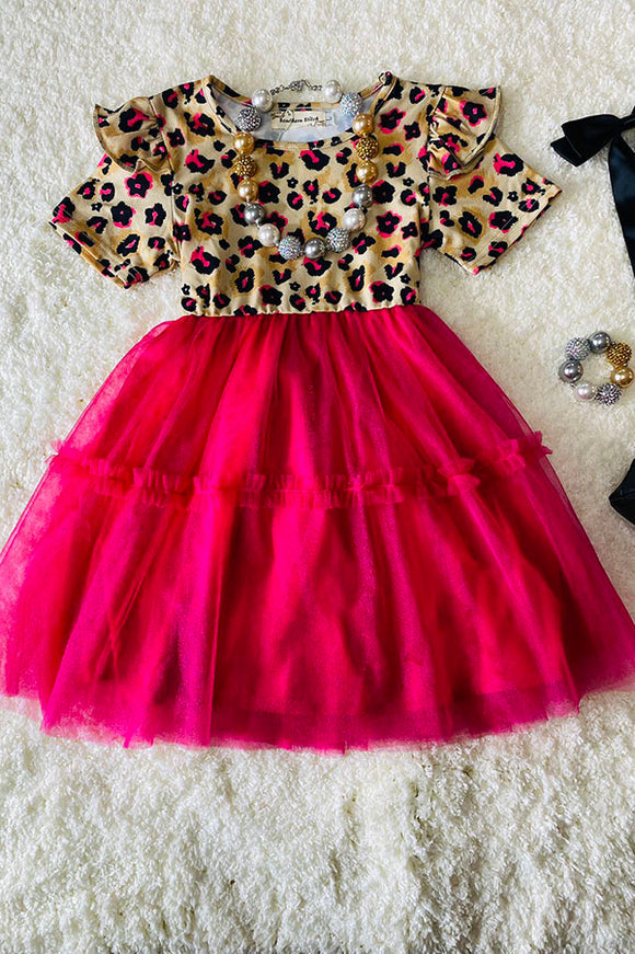 Kids pink leopard & chiffon swirl girls dress w/short sleeve XCH0017-17H (A2S3)