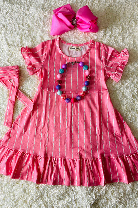Pink stripped ruffle short sleeve dress w/adjustable pink belt XCH0555-7H (A2S4)