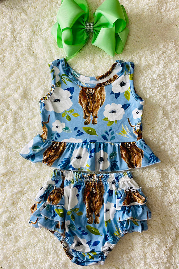 DLH2530 Blue floral & Cow prints infant baby clothing sets