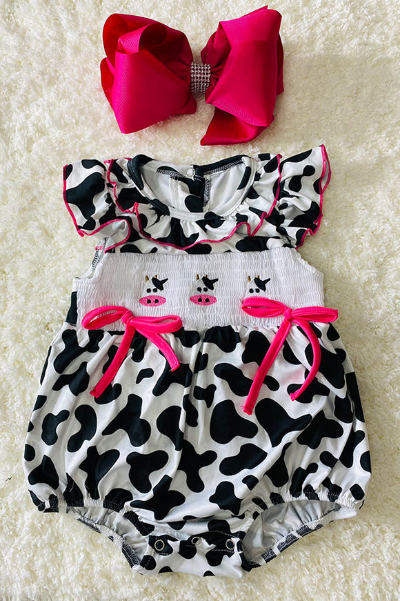 DLH2547 Cow embroidery cute baby romper w/pink details