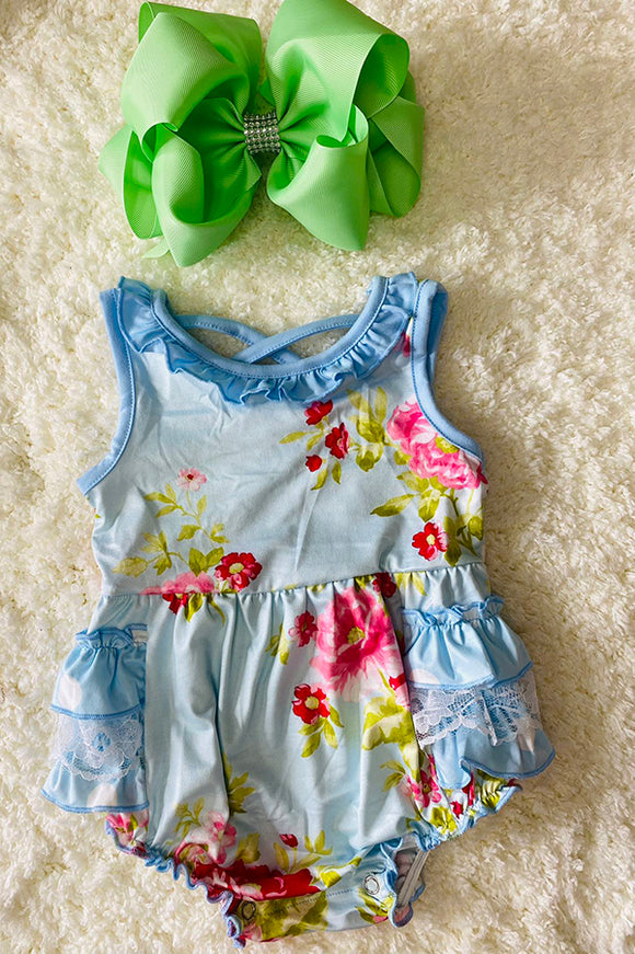 DLH2518 Blue floral print baby romper with pockets and lace