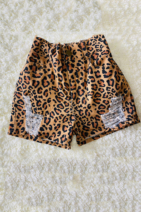 DLH2771 Brown leopard prints denim girls shorts