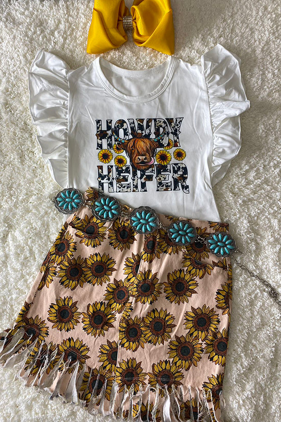 DLH2758 Sunflower prints fringe trim girls skirts