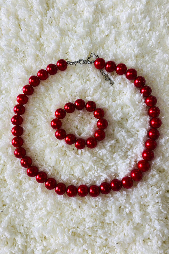 240354 Red pearl beads girls necklace & bracelet sets