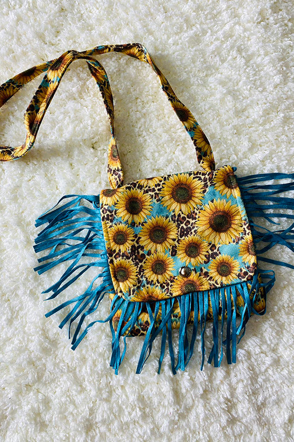 DLH2560 Sunflower prints girls purse bag with blue fringe