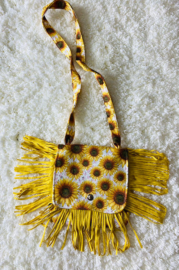 DLH2562 Yellow sunflower prints girls purse bag with yellow fringe