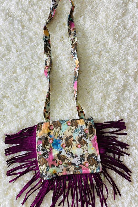DLH2563 Cow prints girlspurse bag with burgundy fringe