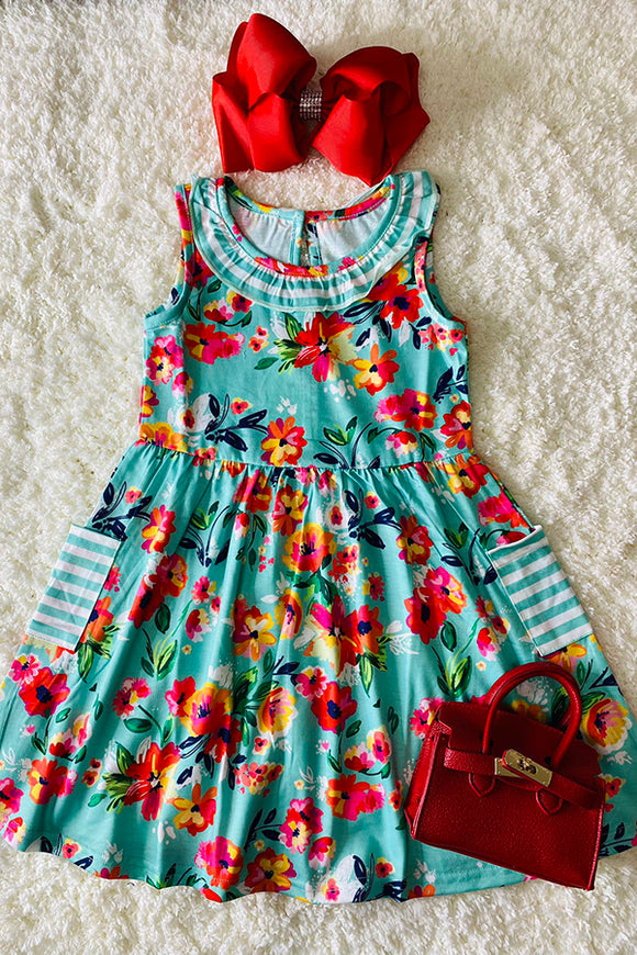 Turquoise floral girl dress w/pockets XCH0888-14H (A1S6)