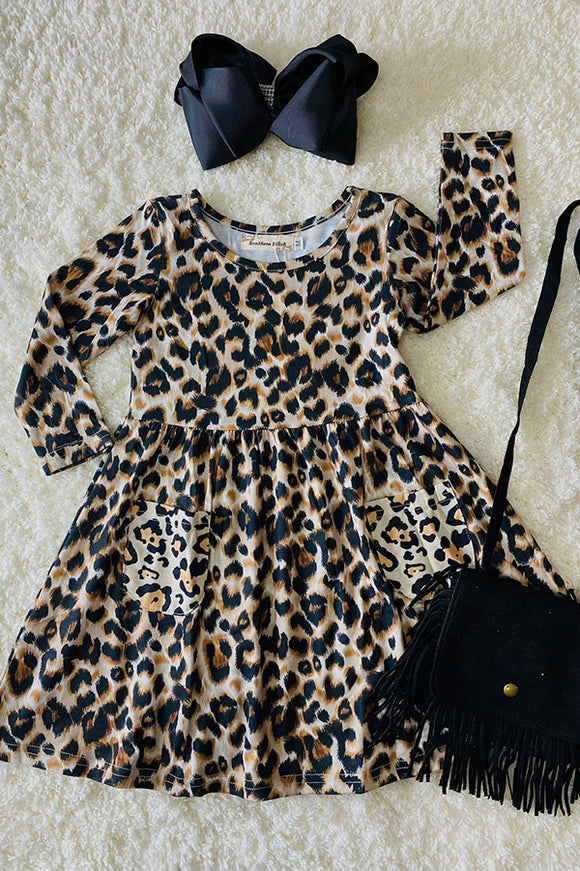 Leopard printed long sleeve girls dress with pockets XCH0555-26H (A1S6)