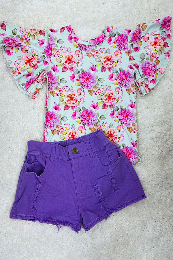 Girls' Elegant Black Striped Top & Denim Shorts Set – Floral Lace Detail main image 0