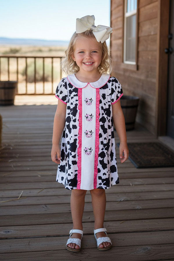 western boutique dresses Western ranch girl cow embroidery short sleeve girls boutique dress 2601060M 18-24 MONTHS