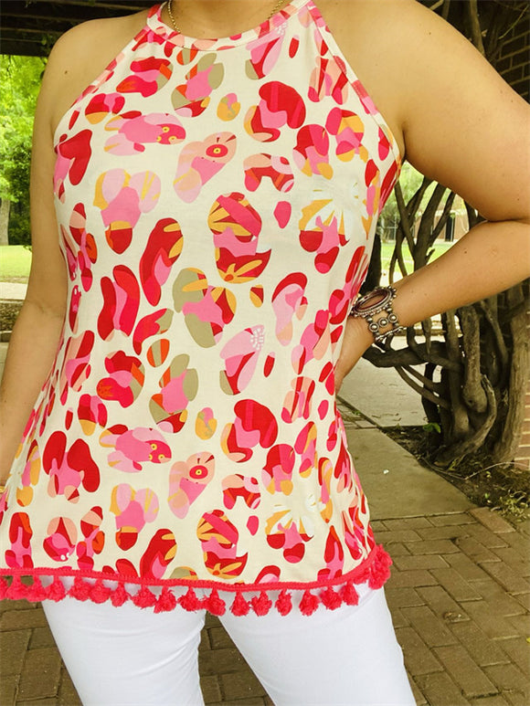 BQ15098 Floral multi color printed sleeveless women top w/fuchsia pompom