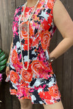 YMY13144 Black&Coral floral multi color printed sleeveless women dresses