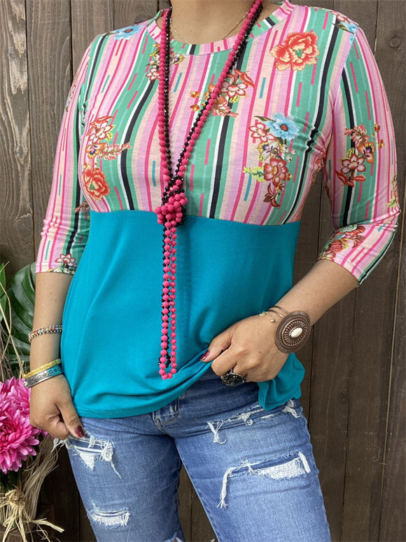 GJQ9144 Striped&Floral block turquoise multi color printed 3/4 sleeves women tops