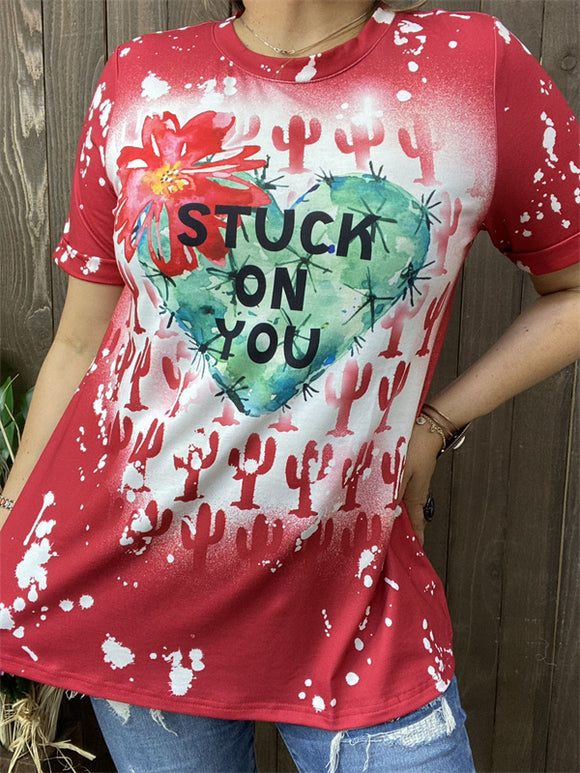 XCH14652 STUCK ON YOU Cactus&Heart  red multi color printed short sleeve women tops