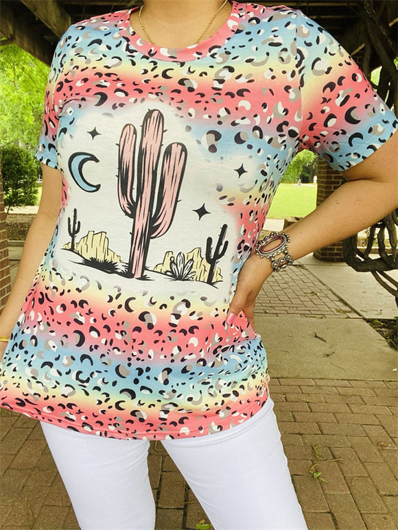 XCH12971  Leopard & cactus star and moon Multi color printed short sleeves women tops